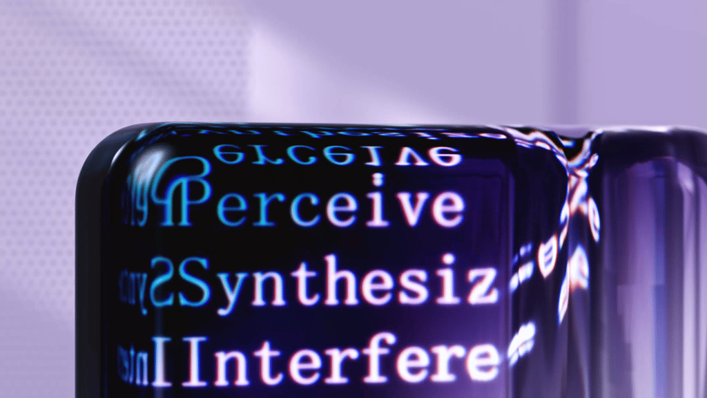 Futuristic abstract artwork showcasing AI concepts with digital text overlays.
