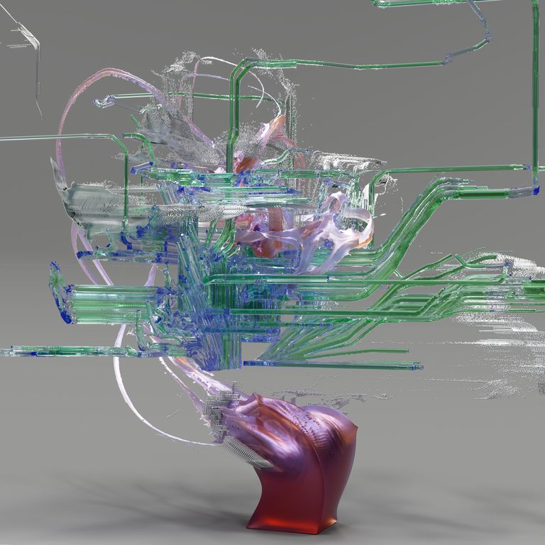 3D abstract digital sculpture showcasing complex network structures in vibrant colors.