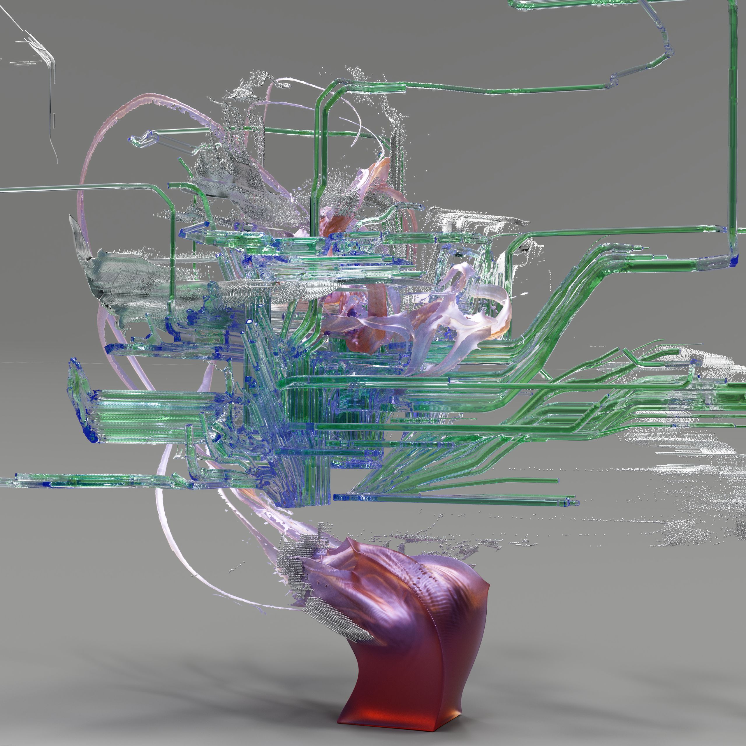 3D abstract digital sculpture showcasing complex network structures in vibrant colors.