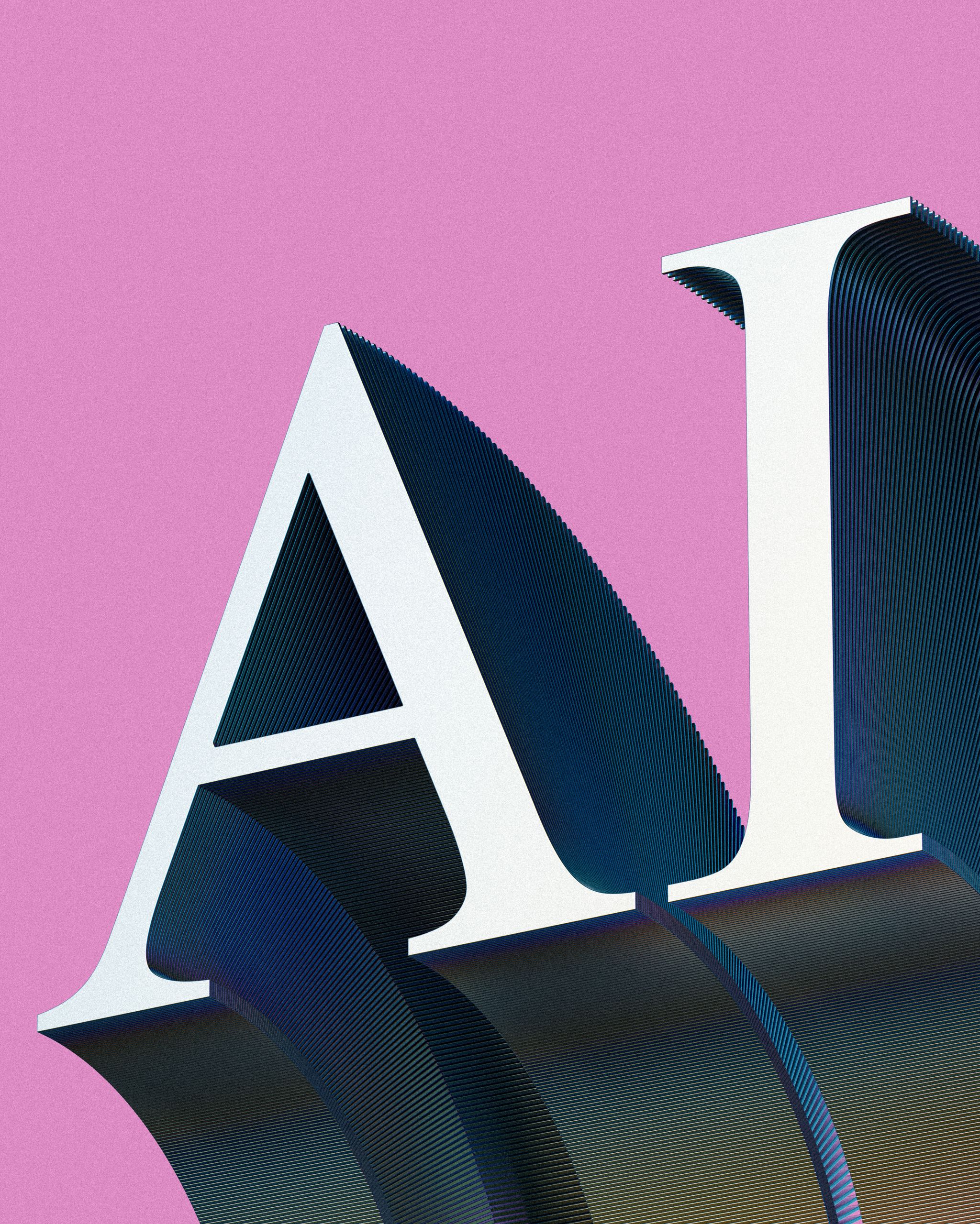 Creative AI typography art with gradient effects on a pink backdrop.