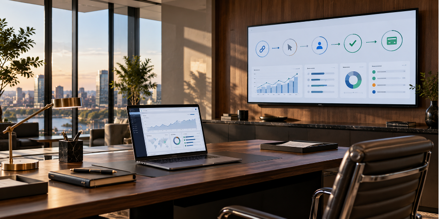 Modern office with affiliate analytics displayed on digital screens