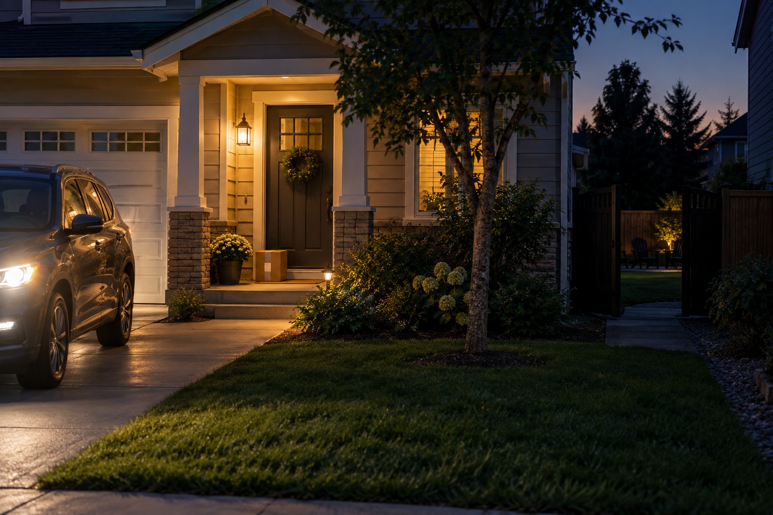 A porch light illuminates the front door 